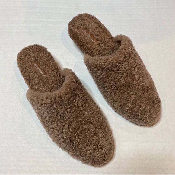 Vince Gaia Shearling Sherpa Mules Block Heel Tan - Picture 4 of 10